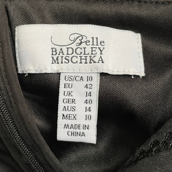 Belle Badgley Mischka Pleated Fit and Flare Dress Black Mesh Stripe Women’s 10 - Picture 3 of 9